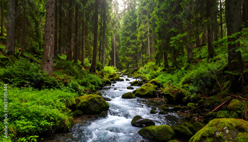 Mountain stream with lush forest.