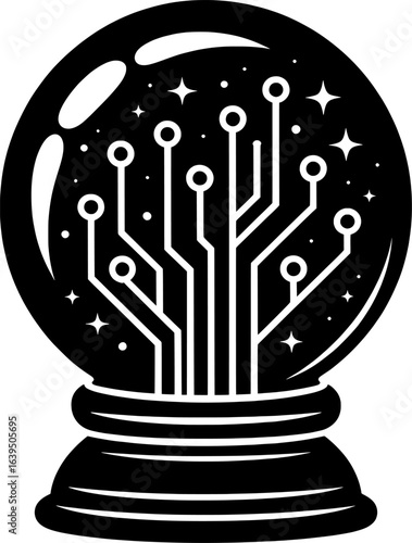 Black silhouette of a crystal ball containing circuit board patterns symbolizing artificial intelligence, fortune telling, and tech prediction