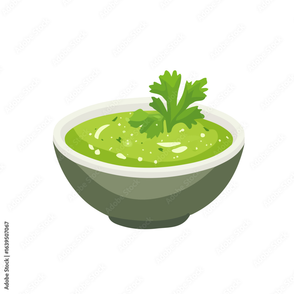 A Geometric flat vector illustration of a salsa verde on a bowl with parsley, an abstract and modern 2D design, clean shapes with smooth lines, isolated on a white background. artwork collection