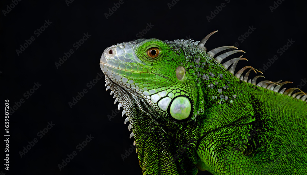 Fototapeta premium Green Iguana Portrait with Black Background. (1)