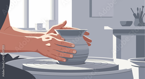 Hands Shaping Clay Vase on Pottery Wheel in Studio