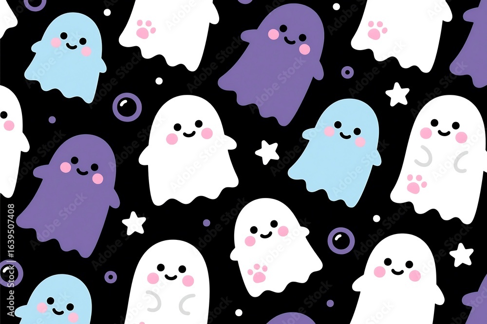 Obraz premium Cute Halloween seamless pattern with cartoon animals and festive decorations