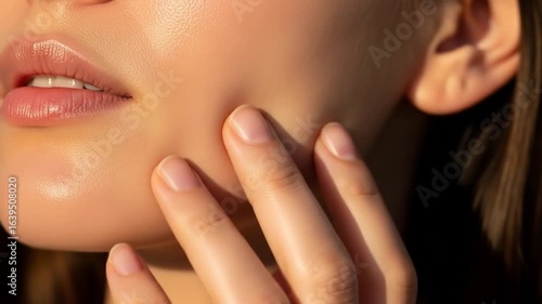 Close-up of a woman's face with glowing skin, touching her cheek in a skincare routine