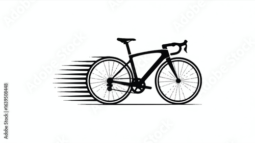 A black and white line drawing of a racing bicycle in motion.  