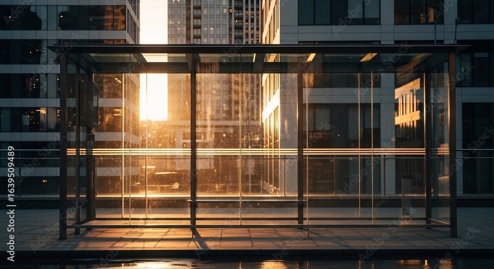 Obraz premium Modern glass bus stop shelter in an urban city environment during golden hour sunlight