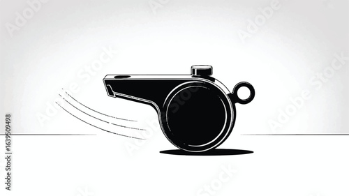 A black and white minimalist illustration of a metal whistle in a side profile view.  