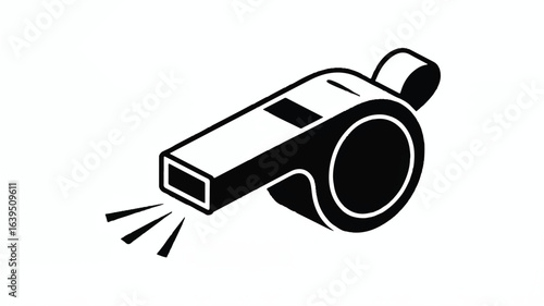 A black and white minimalist illustration of a metal whistle in a side profile view.  