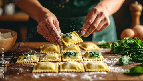 Hands Preparing Homemade Spinach Ravioli In A Rustic Kitchen