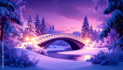 Snowy Bridge Winter Wonderland Night.