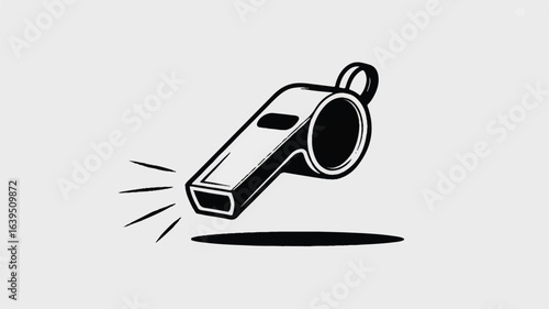 A black and white minimalist illustration of a metal whistle in a side profile view.  