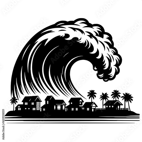 Black and White Vector Silhouette of Tsunami Wave Approaching Coast