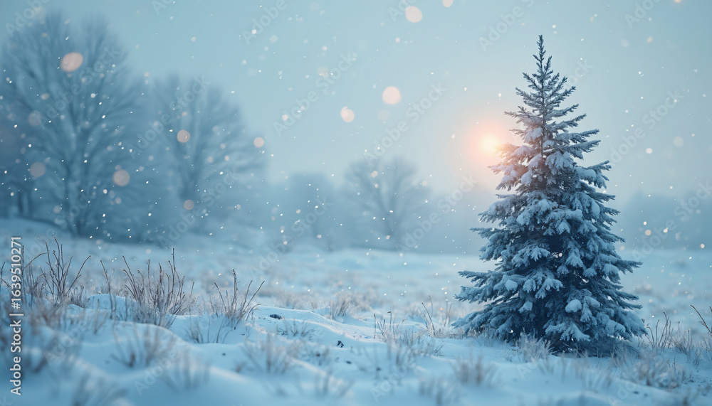 Fototapeta premium Snowy Field with Fir Tree