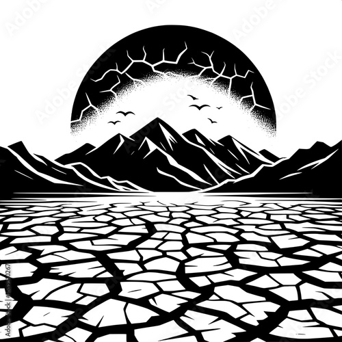 Black and White Vector Silhouette of Cracked Ground During Drought