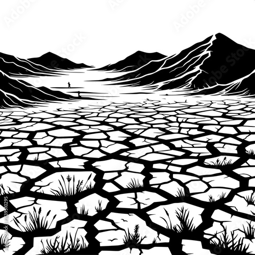 Black and White Vector Silhouette of Cracked Ground During Drought