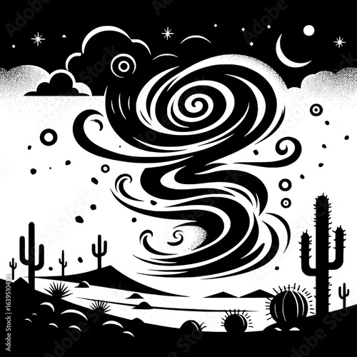 Black and White Vector Silhouette of Sandstorm in Desert