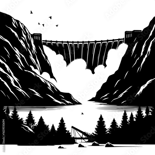 Black and White Vector Silhouette of Dam Collapse Flooding Valley