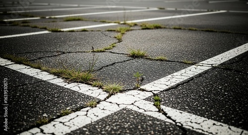 Cracked asphalt parking lot with weeds growing through the surface and white painted lines