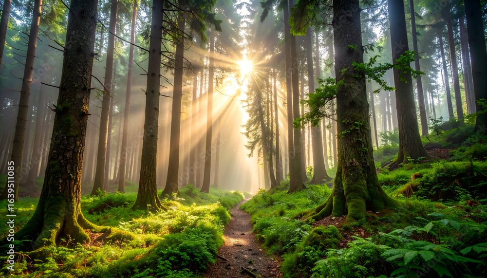 Naklejka premium Sunbeams in Misty Forest Path.