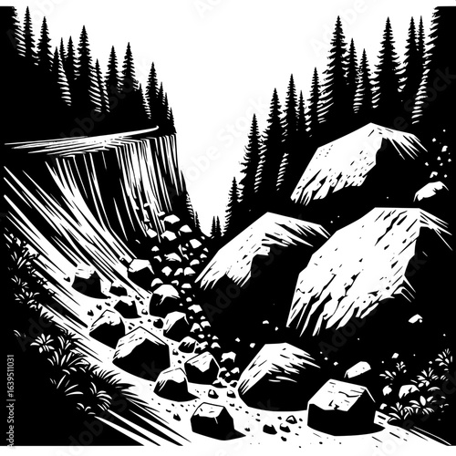 Black and White Vector Silhouette of Rockslide on Mountain Trail