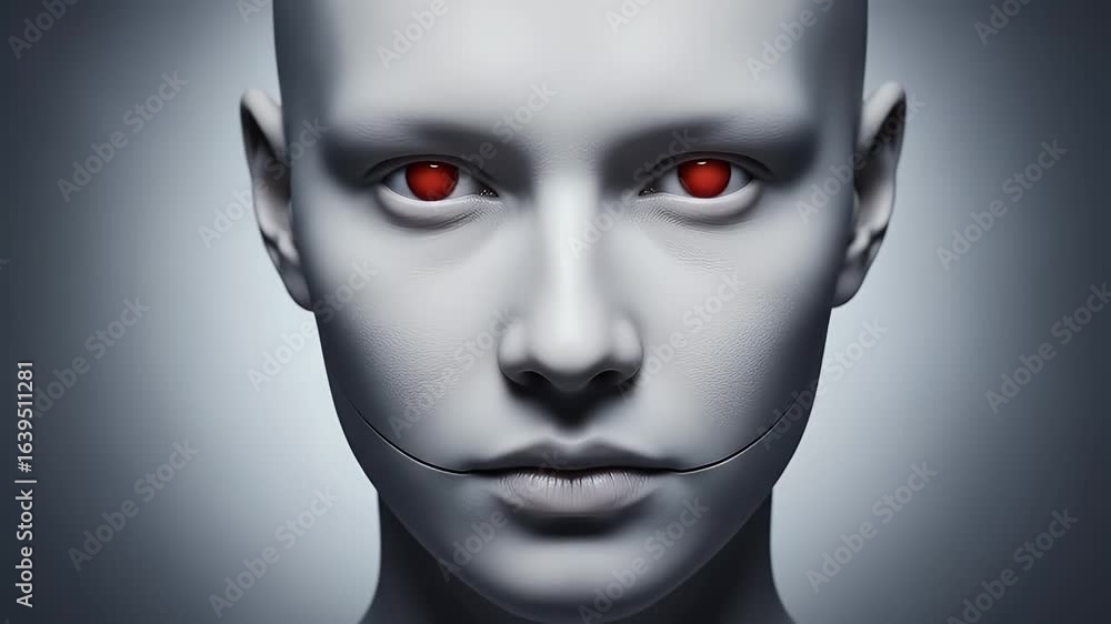 Close-up of a pale, bald female face with intense red eyes and a stitched mouth. Close-up of a pale, bald female face with intense red eyes and a stitched mouth.