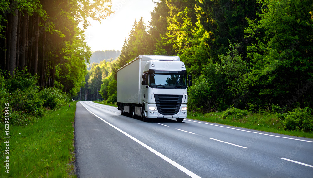 Obraz premium White Truck on Forest Road.