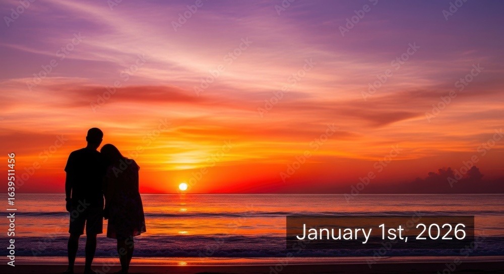 Fototapeta premium Romantic Couple Silhouetted Against a Vibrant Beach Sunset on January First Twenty Twenty Six