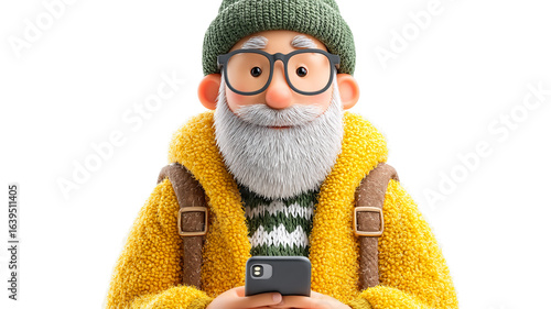 3D cartoon man with white beard and glasses holding smartphone wearing yellow fleece jacket and green beanie isolate