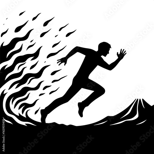 Black and White Vector Silhouette of Person Running From Lava Flow