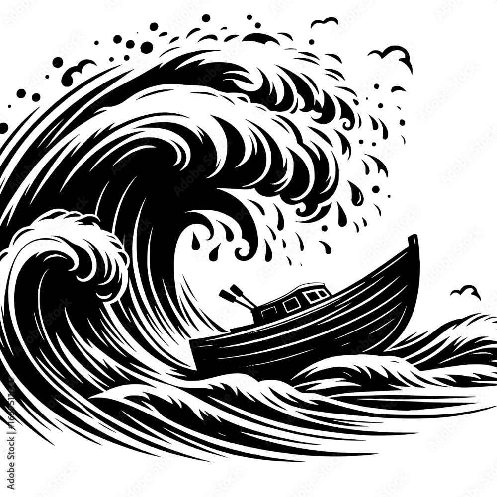 Obraz premium Black and White Vector Silhouette of Boat Caught in Hurricane Waves
