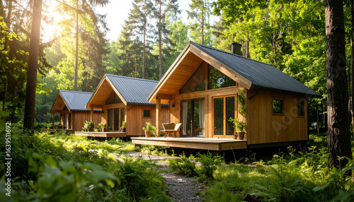 Wooden cabins with forest retreat, and sunlight.