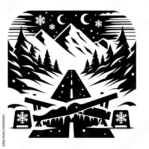 Black and White Vector Silhouette of Snowstorm Blocking Mountain Road