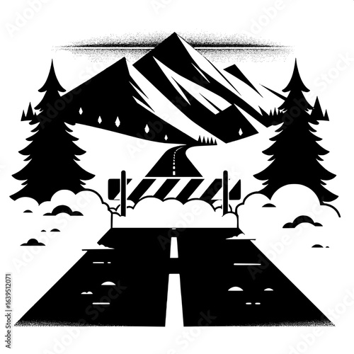 Black and White Vector Silhouette of Snowstorm Blocking Mountain Road