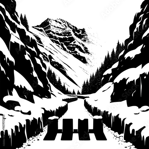 Black and White Vector Silhouette of Snowstorm Blocking Mountain Road