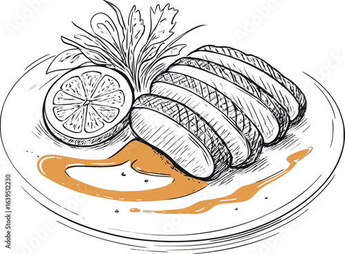 Artistic gourmet duck breast sketch with orange sauce. Fine dining illustration with elegant line work and minimal color accents, vector design isolated on white background.