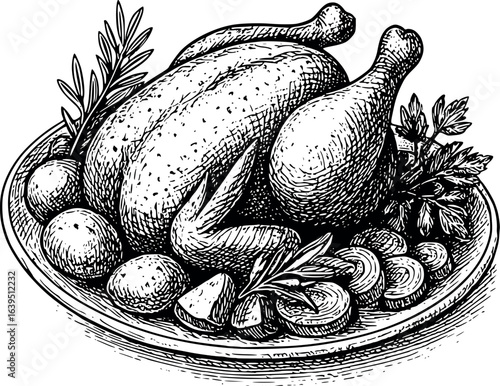 Vintage style chicken roast sketch illustration with vegetables. Traditional Sunday meal with detailed crosshatching technique, vector drawing isolated on white background.