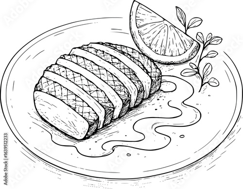 Artistic gourmet duck breast sketch with orange sauce. Fine dining illustration with elegant line work and minimal color accents, vector design isolated on white background.