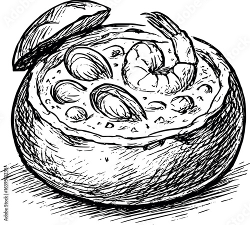 Artistic seafood chowder sketch in bread bowl with clams and shrimp. Comfort food illustration with loose pen drawing style, vector design isolated on white background.