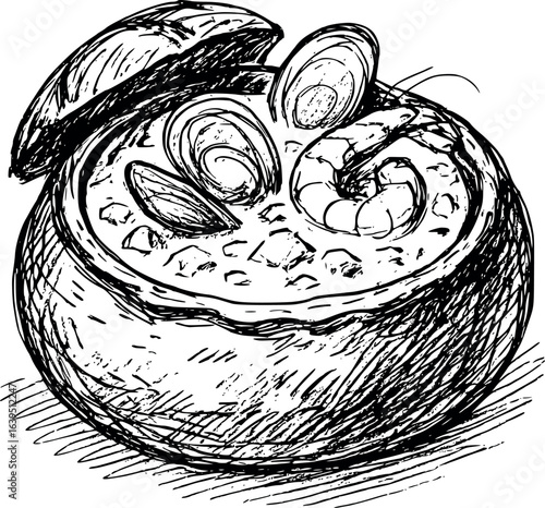 Artistic seafood chowder sketch in bread bowl with clams and shrimp. Comfort food illustration with loose pen drawing style, vector design isolated on white background.