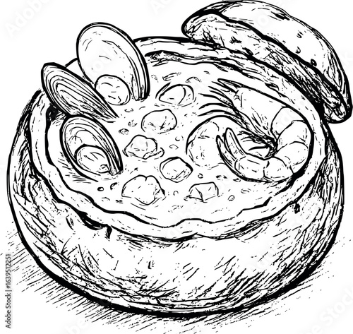 Artistic seafood chowder sketch in bread bowl with clams and shrimp. Comfort food illustration with loose pen drawing style, vector design isolated on white background.