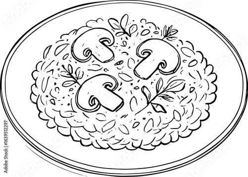 Hand-drawn vegan mushroom risotto sketch illustration. Artistic line drawing of plant-based Italian cuisine with herbs, vector design isolated on white background.
