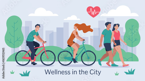 A flat, minimalist illustration of people exercising outdoors in a city park setting.