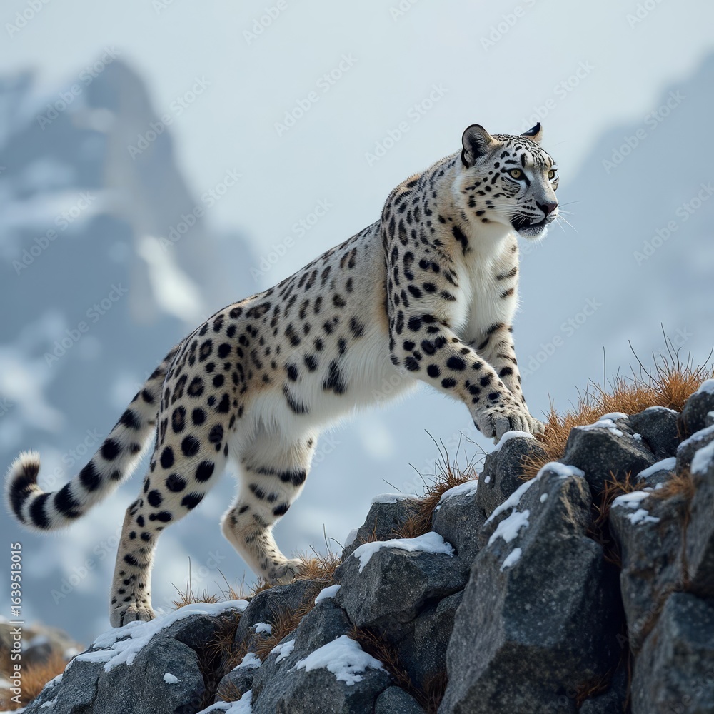 Obraz premium snow leopard walking through icy mountain terrain, showcasing strength and camouflage in a harsh natural habitat, perfect for wildlife prints and conservation campaigns 