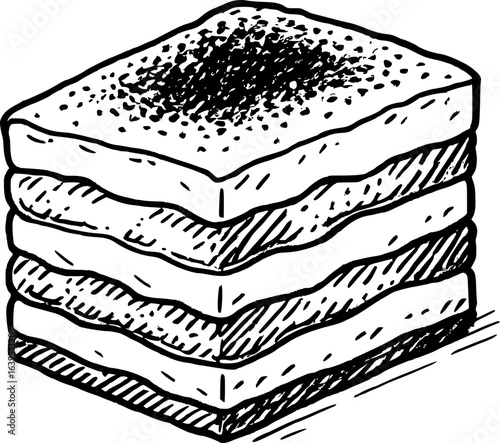 Hand-drawn tiramisu slice sketch with cocoa dusting. Italian dessert illustration showing cross-section layers, vector design isolated on white background.