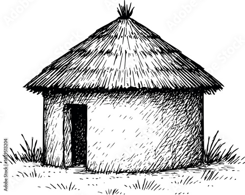 African mud hut sketch with thatched roof. Hand-drawn traditional rural home vector isolated on white.