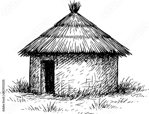 African mud hut sketch with thatched roof. Hand-drawn traditional rural home vector isolated on white.