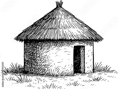 African mud hut sketch with thatched roof. Hand-drawn traditional rural home vector isolated on white.