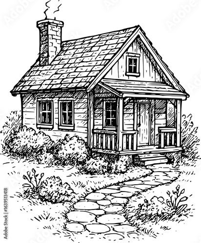 Cozy cottage sketch with chimney and garden. Hand-drawn rustic home vector isolated on white.