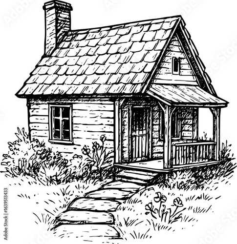 Cozy cottage sketch with chimney and garden. Hand-drawn rustic home vector isolated on white.
