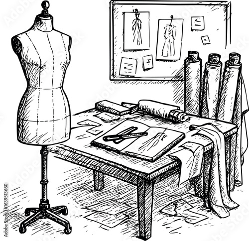 Fashion studio sketch with mannequin and tools. Hand-drawn creative workspace vector isolated on white.
