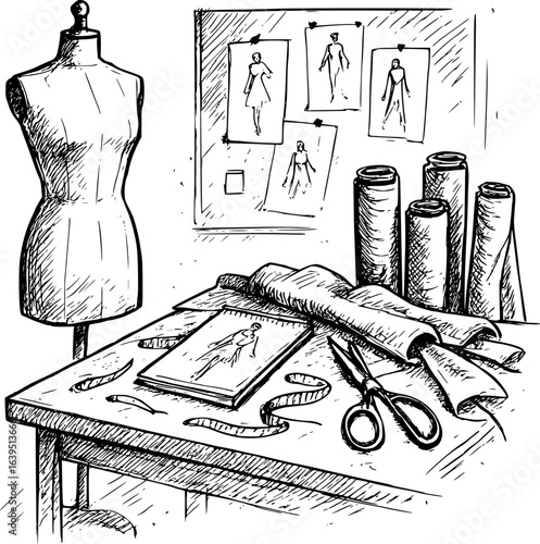 Fashion studio sketch with mannequin and tools. Hand-drawn creative workspace vector isolated on white.